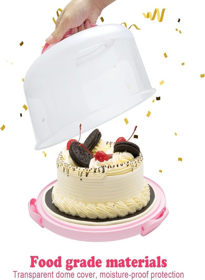 VERAT حامل كيك فيرات بغطاء ومقبض / حاويات كيك / حامل كيك مقاس 11 بوصة / حامل كيك بثلاثة مقابض / علبة تغليف كيك / غطاء بلاستيكي بقاعدة ثلاثية الجوانب / حامل تخزين دائري (وردي فاتح) - Image 3